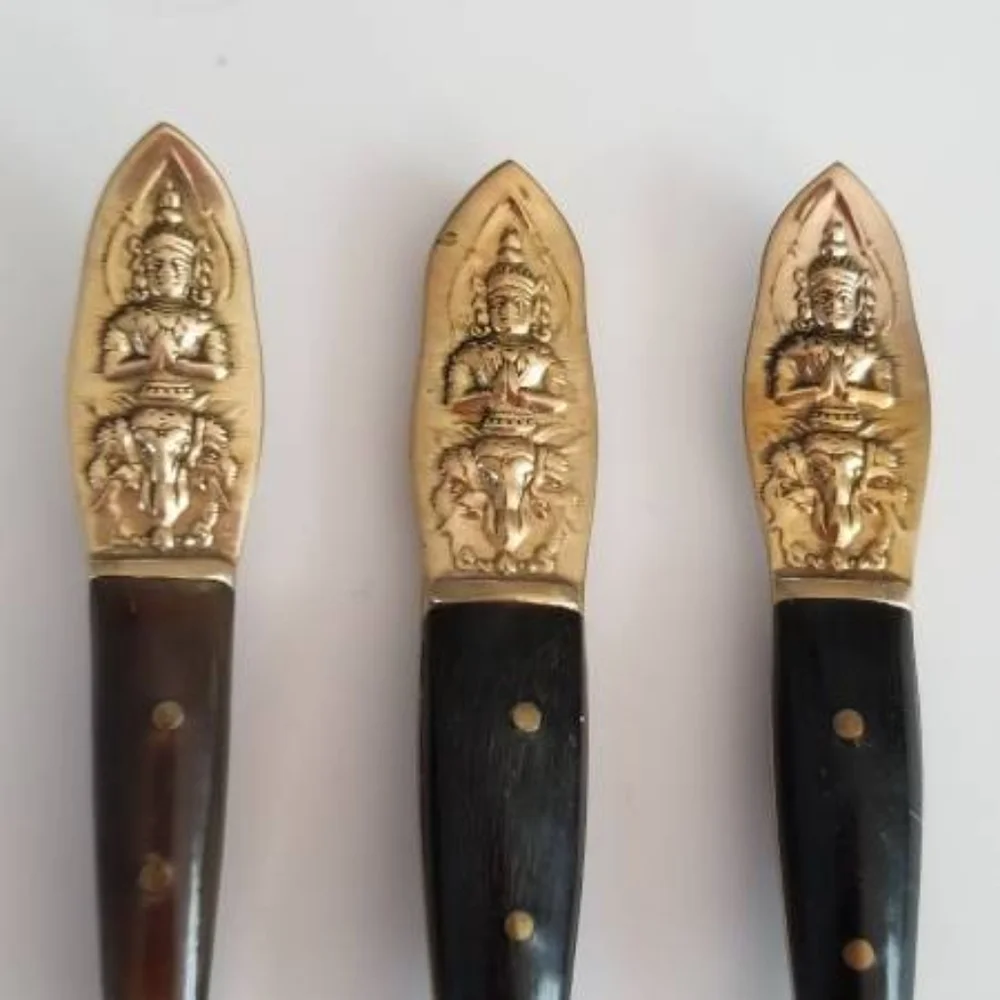 Vintage 3 Piece Siam Thialand Brass/Bronze W Buddha N Rosewood Handle Mini Set